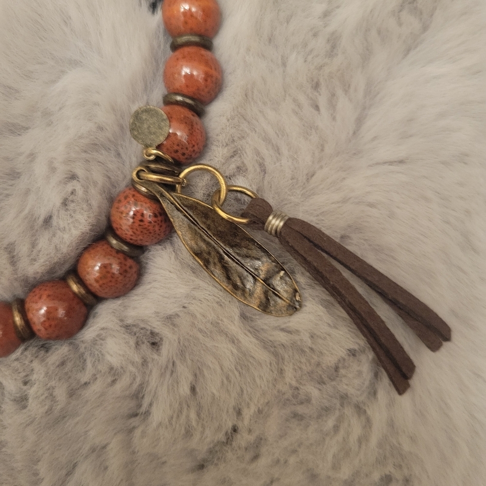 Red Dotted Bead Bracelet with Fringe and Metal Feather G MAN - Picture 2 of 6